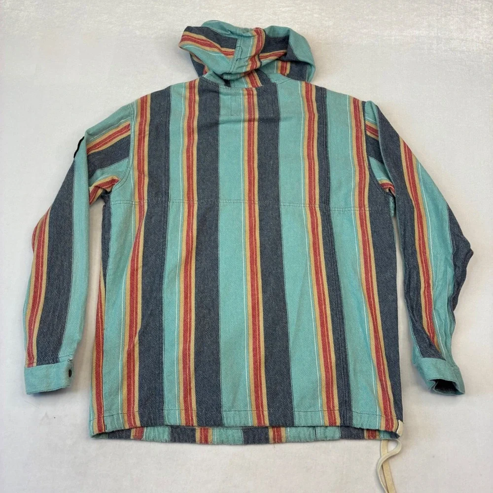 Quiksilver Baja Hoodie Men S Teal Blue Red Striped Pullover Anorak Surf Shirt